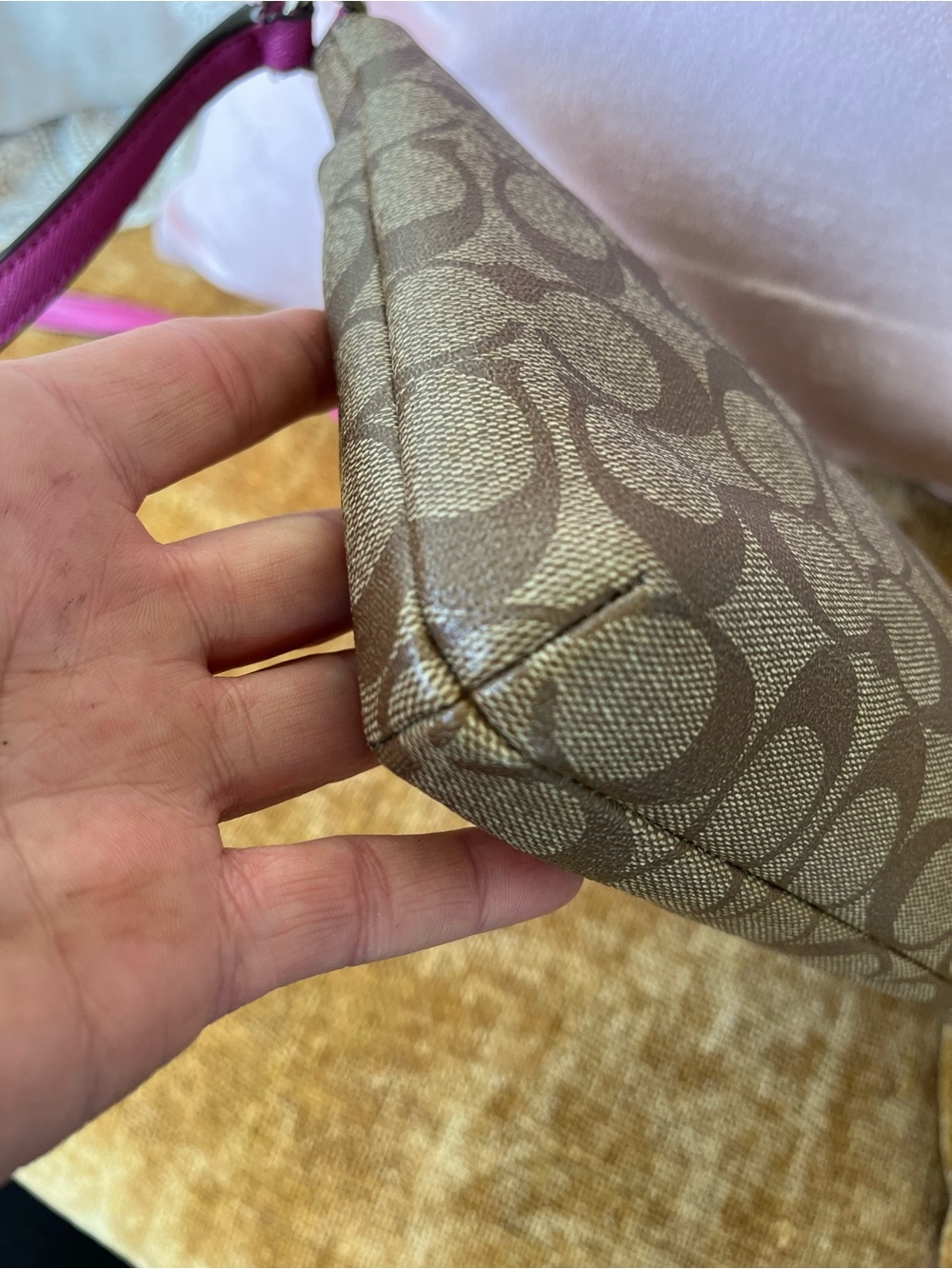 Coach Khaki Signature Crossbody with Pink Leather Trim, EUC - Picture 4 of 11